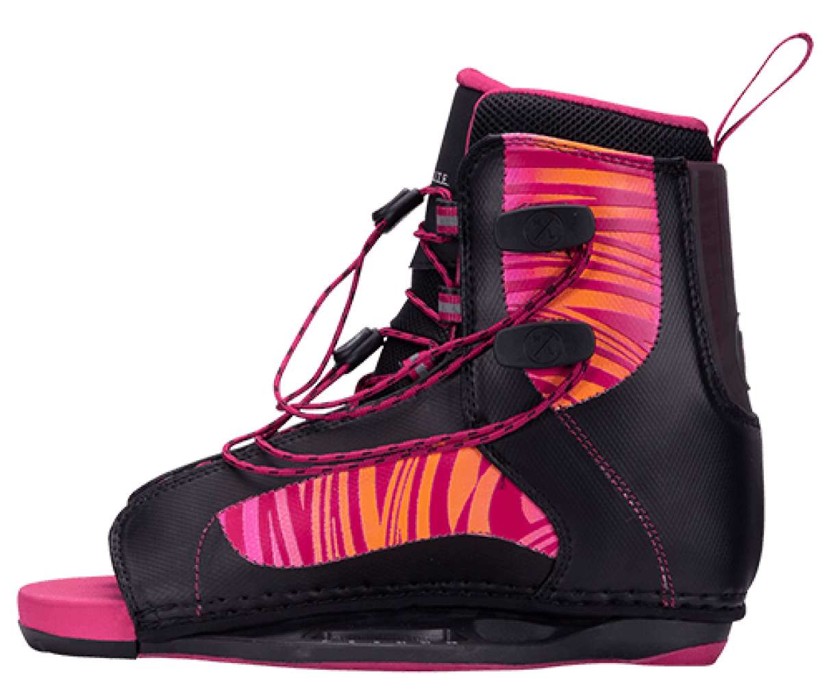 Jinx - Women's wakeboard bindings with black straps, silver buckles and a pink logo on the side.
