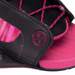 Hyperlite Ladies Jinx Wakeboard Bindings 2022 - A pair of black bindings with pink accents and a distinctive pattern on the straps.