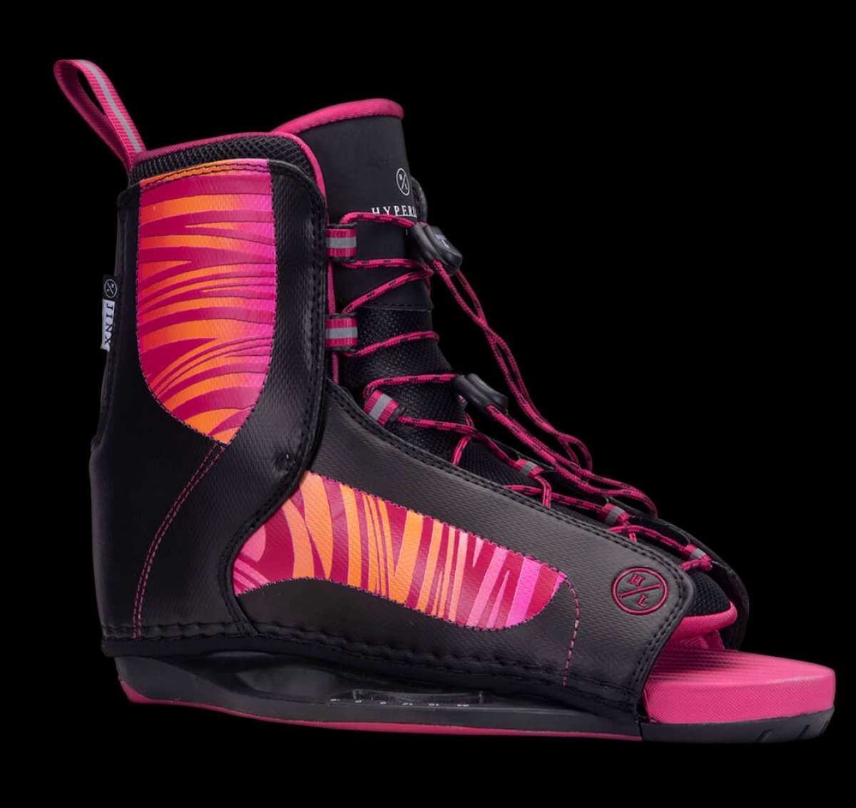 Hyperlite Ladies Jinx Wakeboard Bindings 2022 - A pair of black bindings with pink accents and a distinctive zebra-striped pattern on the straps.