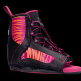 Hyperlite Ladies Jinx Wakeboard Bindings 2022 - A pair of black bindings with pink accents and a distinctive zebra-striped pattern on the straps.