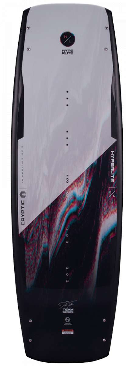 Hyperlite - Josh Twelker's signature wakeboard with a black and white marbled design on top, featuring red and blue accents.