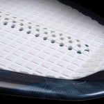 Hyperlite Storm Wakesurf Board 2022 - A white wakesurf board with a grid pattern on its surface and a dark blue border around it.