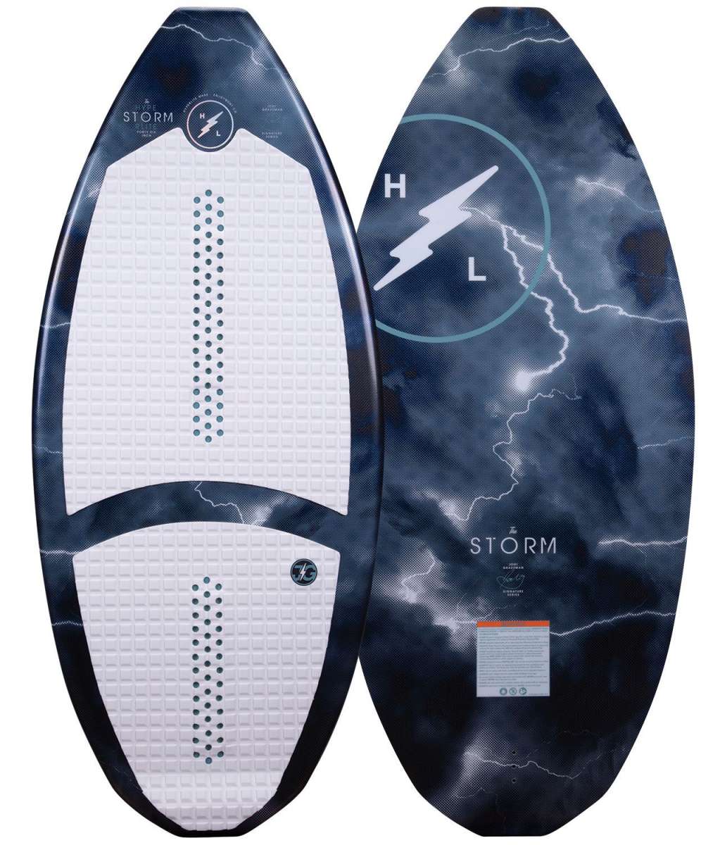Hyperlite Storm Wakesurf Board 2022 - A dark blue wakesurf board with a white lightning bolt logo on top and a textured surface.