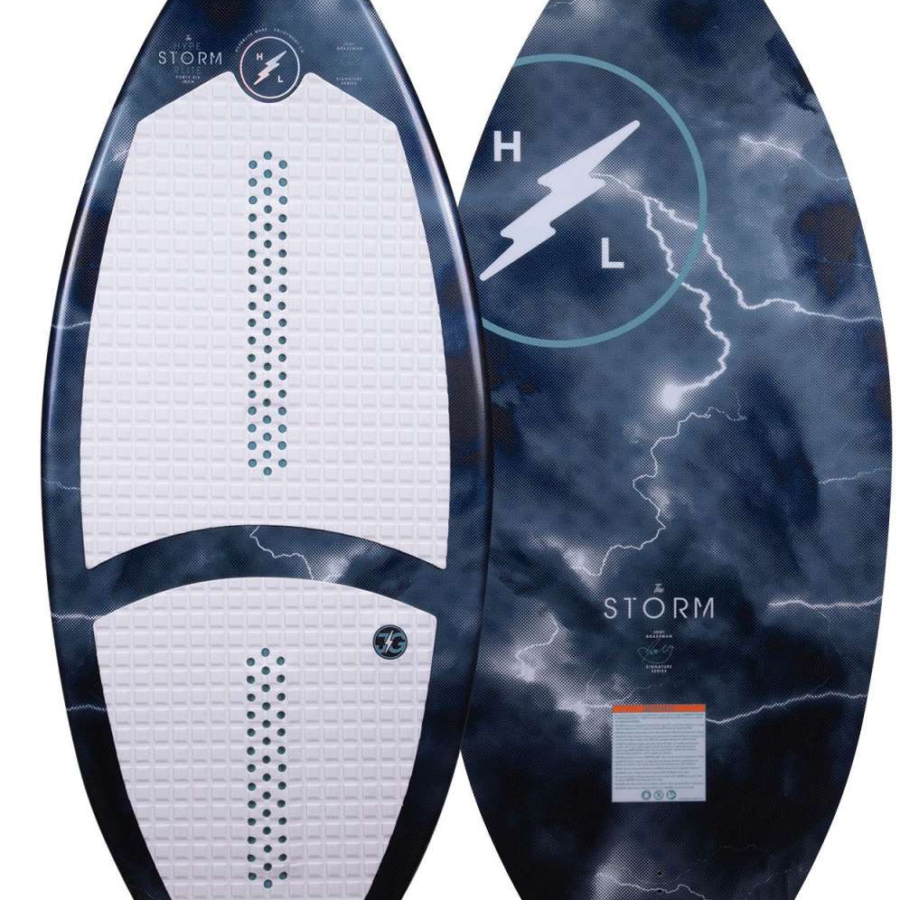 Hyperlite Storm Wakesurf Board 2022 - A dark blue wakesurf board with a white lightning bolt logo on top and a textured surface.