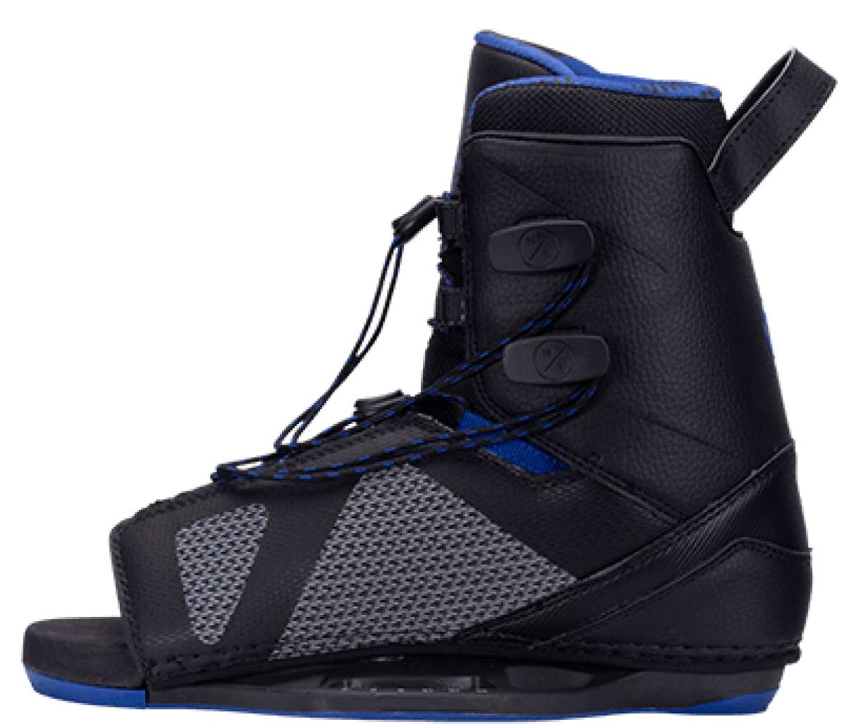 Hyperlite Team OT Wakeboard Bindings 2022 - Black bindings with blue accents and a black strap on the back.