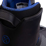 Hyperlite Team OT Wakeboard Bindings 2022 - A pair of black wakeboard bindings with blue accents and a white logo on the strap.