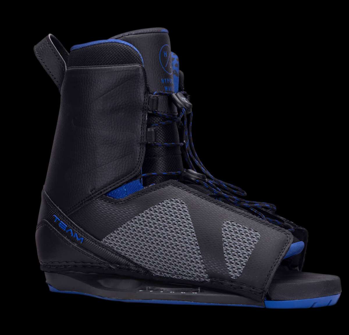 Hyperlite Team OT Wakeboard Bindings 2022 - Black bindings with blue accents and a white logo on top of the left boot.