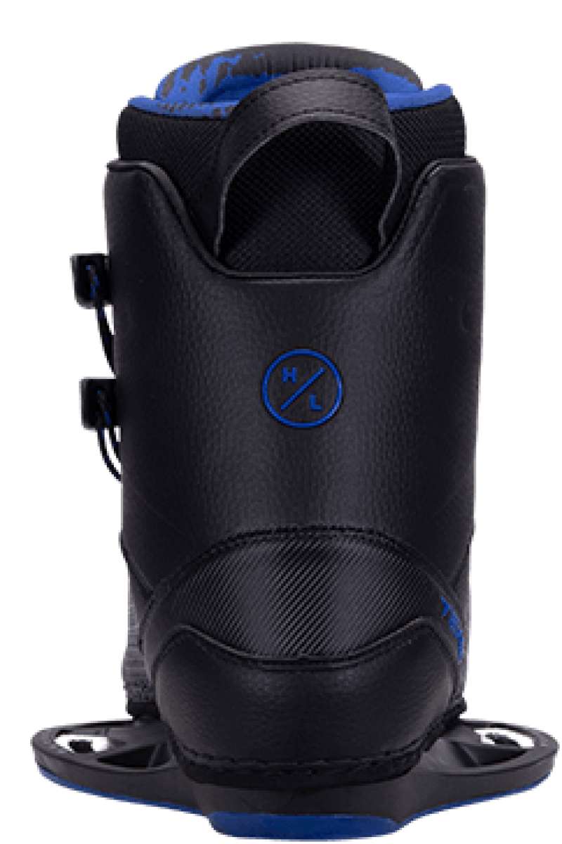 Hyperlite Team OT Wakeboard Bindings 2022 - Black bindings with blue accents and a circular logo on the top strap.