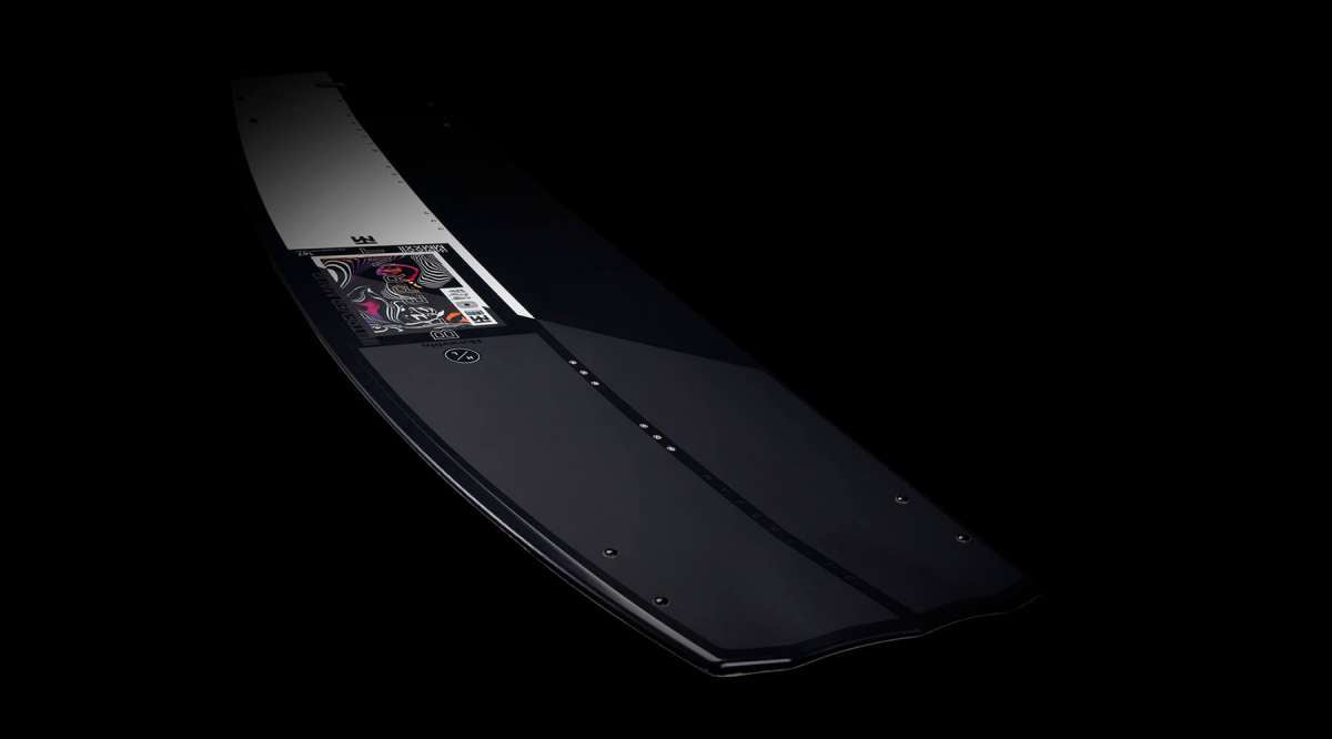 Hyperlite Trever Maur Blueprint Wakeboard 2022 - A black wakeboard with a white top sheet and red, blue, and yellow accents on the bottom.