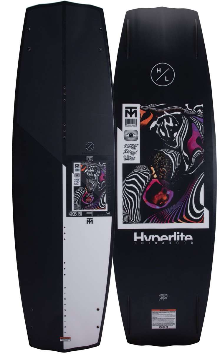 Hyperlite Trever Maur Blueprint Wakeboard 2022 - A black wakeboard with a white and purple abstract design on top.
