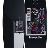 Hyperlite Trever Maur Blueprint Wakeboard 2022 - A black wakeboard with a white and purple abstract design on top.