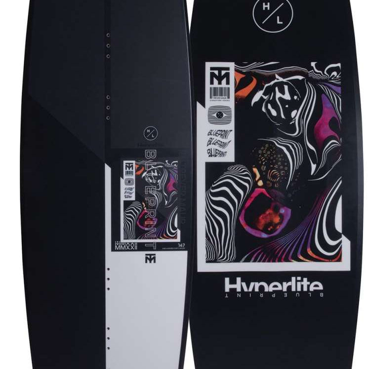 Hyperlite Trever Maur Blueprint Wakeboard 2022 - A black wakeboard with a white and purple abstract design on top.