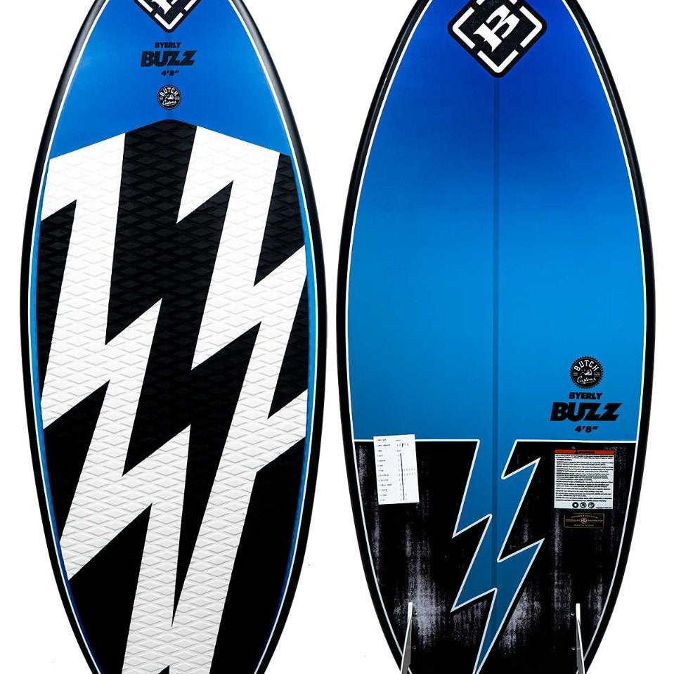 Hyperlite Buzz Limited Edition Wakesurf Board 2021 - A blue wakesurf board with a white lightning bolt graphic on its bottom.