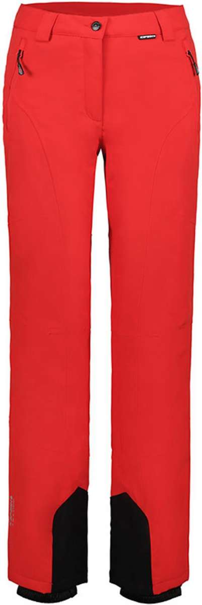 Icepeak Ladies Freyung Stretch Pant 2022-2023 - A pair of red ski pants with a black logo on the left thigh and silver zippers on both sides.