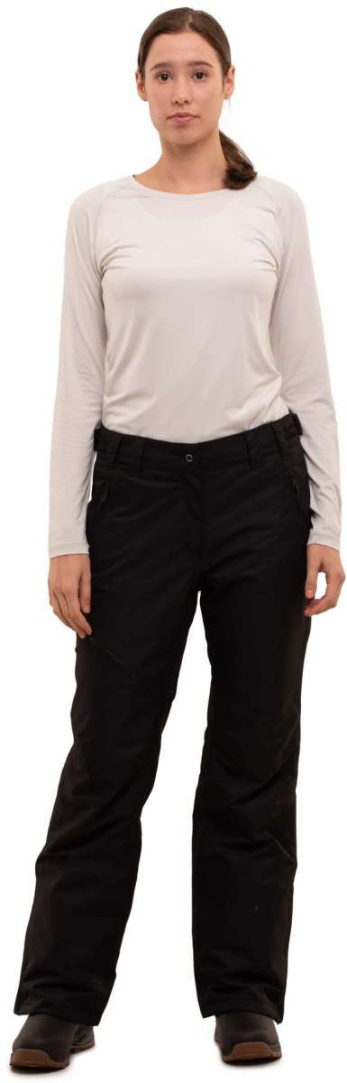 Icepeak Ladies Curlew Insulated Pant 2022-2023 - A pair of black insulated ski pants with a zippered pocket on one thigh and a logo patch near the left hip.