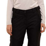 Icepeak Ladies Curlew Insulated Pant 2022-2023 - A pair of black insulated ski pants with a zippered pocket on one thigh and a logo patch near the left hip.