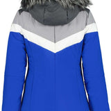 Icepeak Ladies Electra Insulated Jacket 2022-2023 - A blue and grey insulated jacket with a fur-lined hood, featuring a white stripe across the chest.