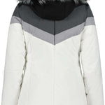 Icepeak Ladies Electra Insulated Jacket 2022-2023 - A cream-colored jacket with a gray fur-lined hood and two zippered pockets on either side.