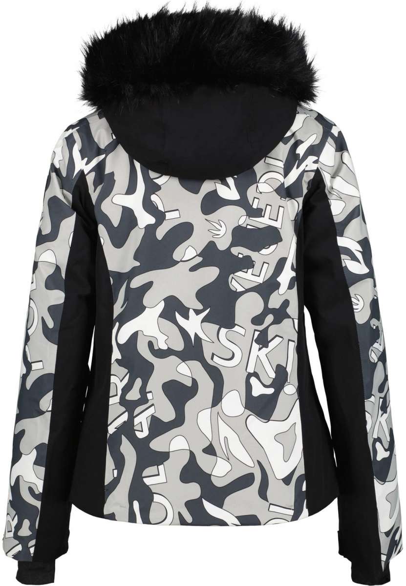 Icepeak Ladies Erbach Insulated Jacket 2022-2023 - A black and white camouflage patterned jacket with a fur-lined hood.