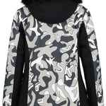 Icepeak Ladies Erbach Insulated Jacket 2022-2023 - A black and white camouflage patterned jacket with a fur-lined hood.