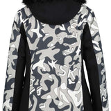 Icepeak Ladies Erbach Insulated Jacket 2022-2023 - A black and white camouflage patterned jacket with a fur-lined hood.