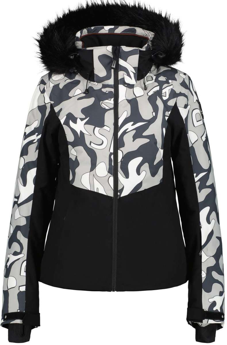 Icepeak Ladies Erbach Insulated Jacket 2022-2023 - A black and white camouflage patterned jacket with a fur-lined hood, featuring a zipper closure at the front.