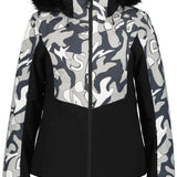 Icepeak Ladies Erbach Insulated Jacket 2022-2023 - A black and white camouflage patterned jacket with a fur-lined hood, featuring a zipper closure at the front.