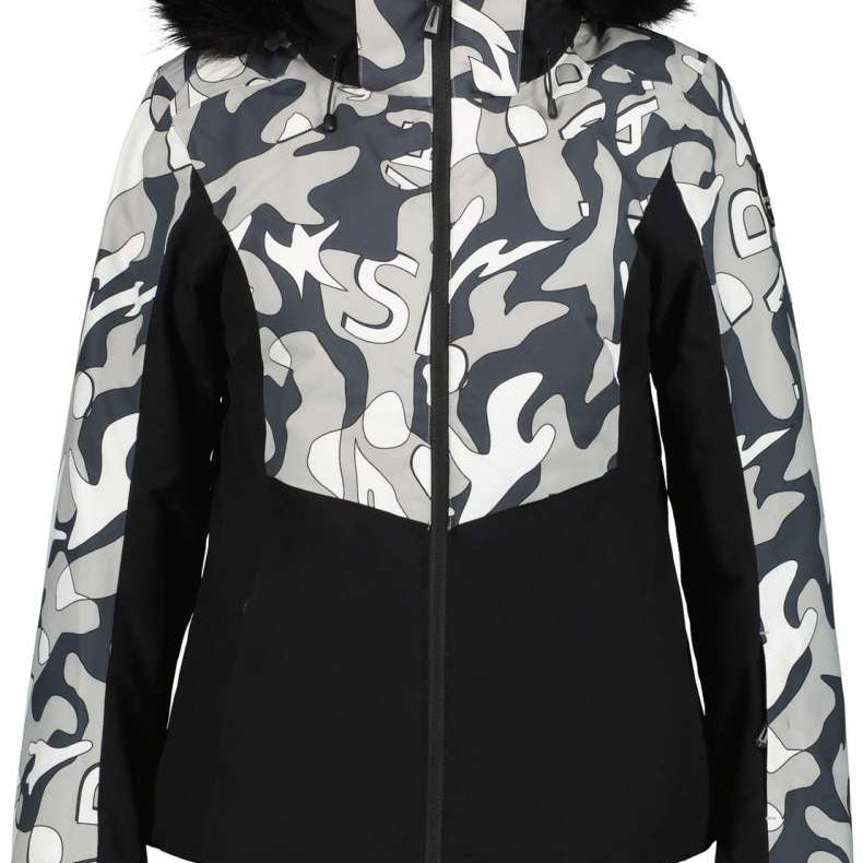 Icepeak Ladies Erbach Insulated Jacket 2022-2023 - A black and white camouflage patterned jacket with a fur-lined hood, featuring a zipper closure at the front.