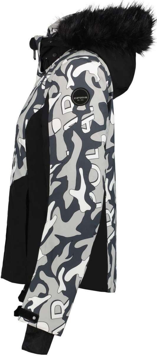 Icepeak Ladies Erbach Insulated Jacket - A black and white camouflage patterned jacket with a fur-lined hood.