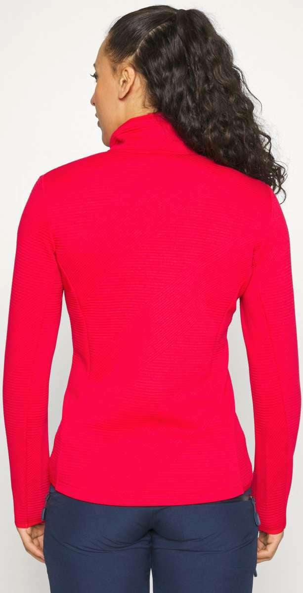 Icepeak Ladies Evansdale 1/4 Zip Top 2022-2023 - A red zip-up top with a high collar and zipper at the front, worn by a woman with long dark hair.