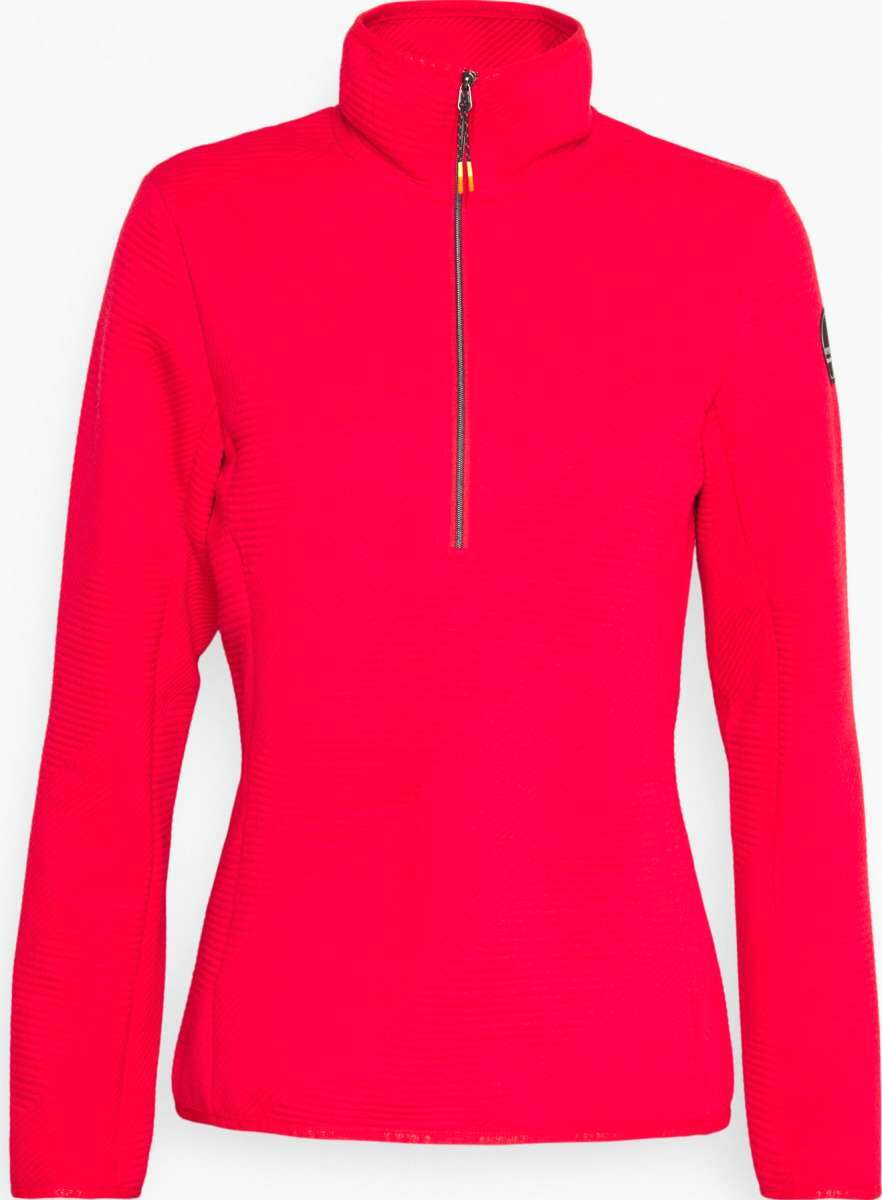 Icepeak Ladies Evansdale 1/4 Zip Top 2022-2023 - A red zip-up top with a high collar and zipper running down the front, featuring a small logo on the left sleeve.