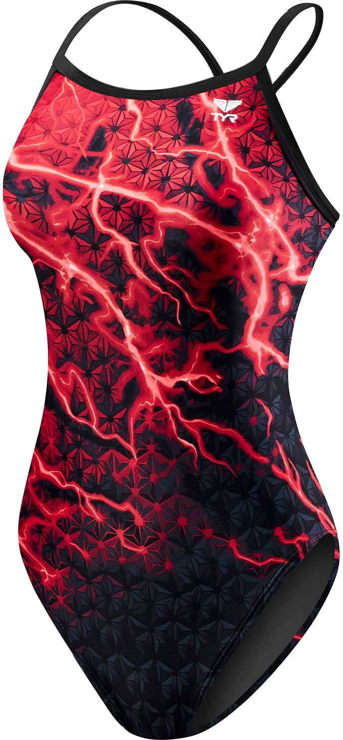 TYR Ladies' Illume Diamond Fit One-Piece Swimsuit - A one-piece swimsuit with a diamond pattern in shades of blue and white, featuring thin straps and a high neckline.