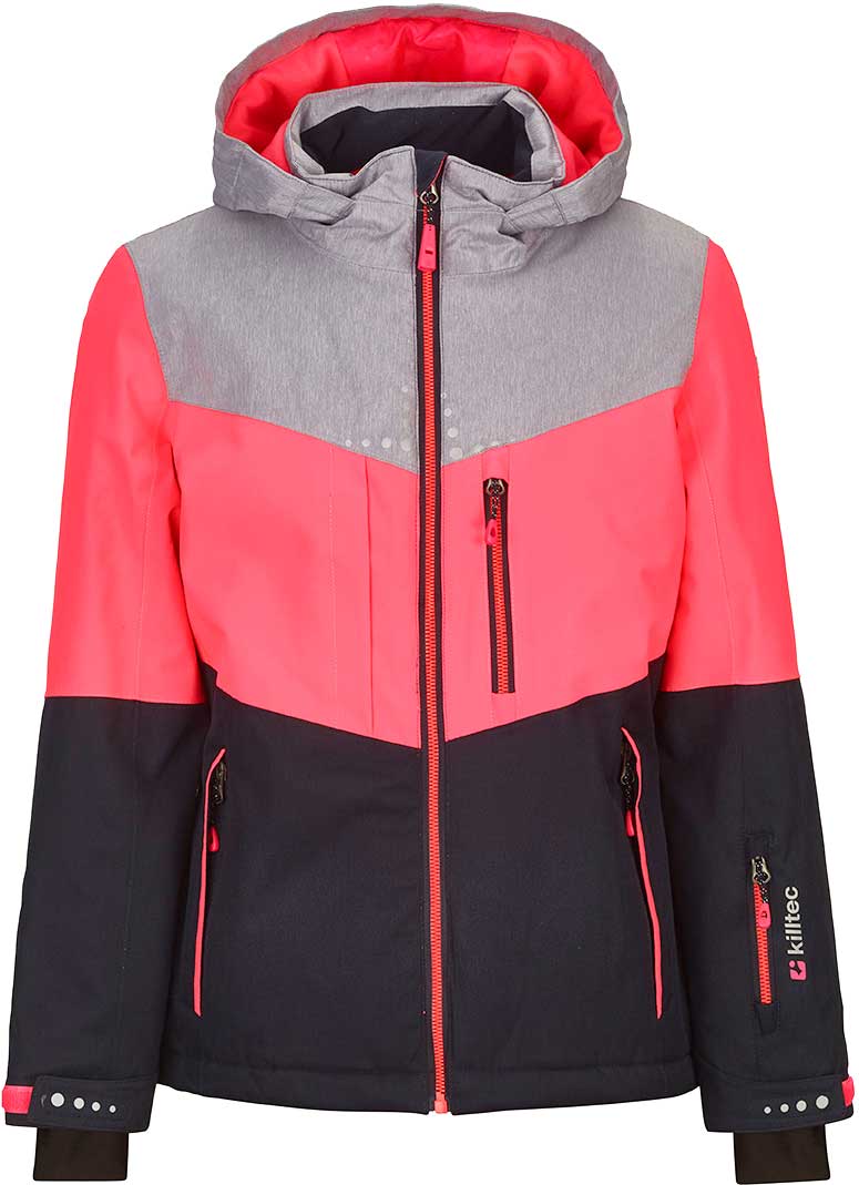 Killtec Junior Girl's Iolana Insulated Jacket 2019-2020 - A pink and grey jacket with a hood, featuring two zippered pockets on the front.