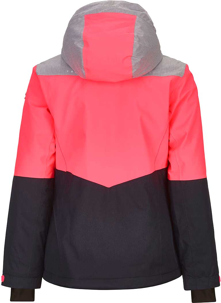Killtec Junior Girl's Iolana Insulated Jacket 2019-2020 - A pink and grey jacket with a hood, featuring a pattern of diagonal stripes on the front.