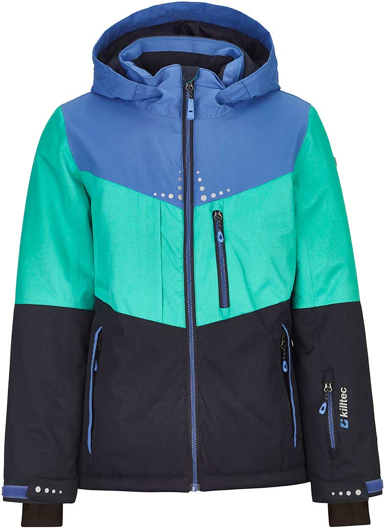 Killtec Junior Girl's Iolana Insulated Jacket 2019-2020 - A green and blue jacket with a hood, featuring white dots on the upper chest area.