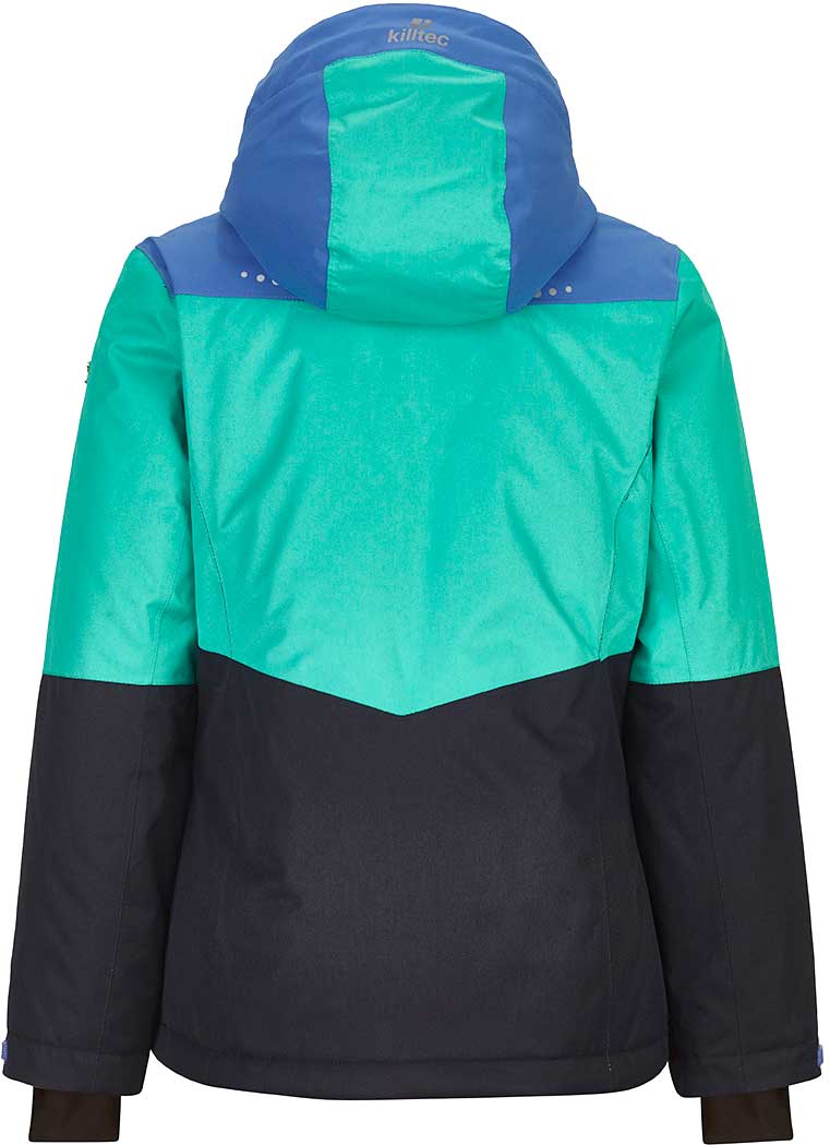 Killtec Junior Girl's Iolana Insulated Jacket 2019-2020 - A navy blue and green jacket with a hood, featuring a zipper closure and two pockets on the front.