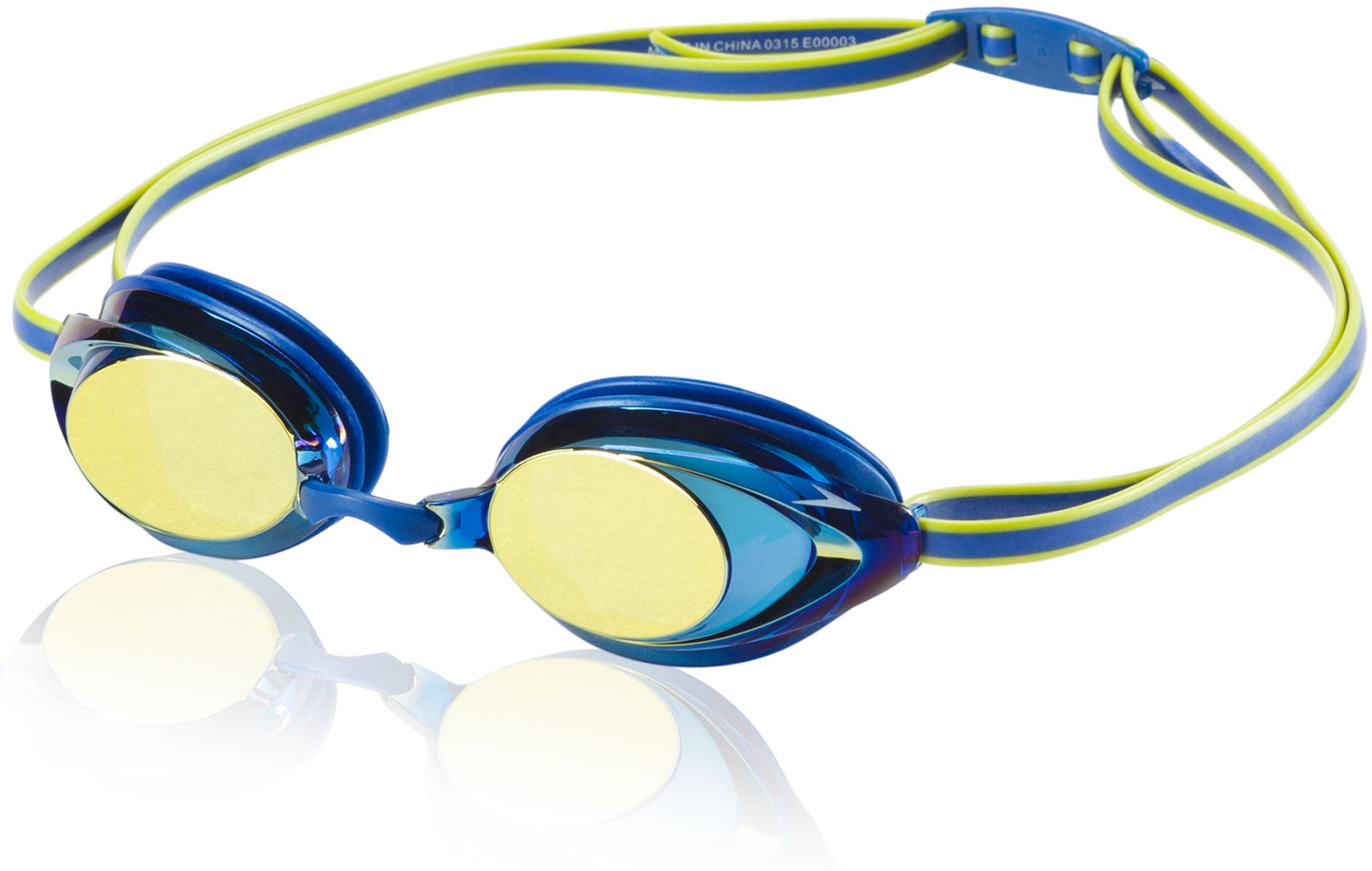Speedo Jr. Vanquisher 2.0 Mirrored Swim Goggle - A pair of mirrored swim goggles with a sleek, modern design and a strap that wraps around the head.