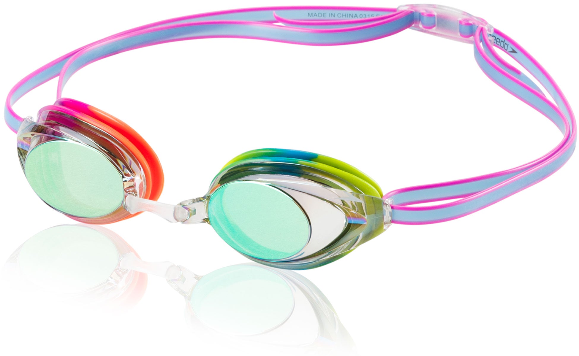 Speedo Jr. Vanquisher 2.0 Mirrored Swim Goggle - A pair of mirrored swim goggles with a sleek, modern design and a comfortable fit for junior swimmers.