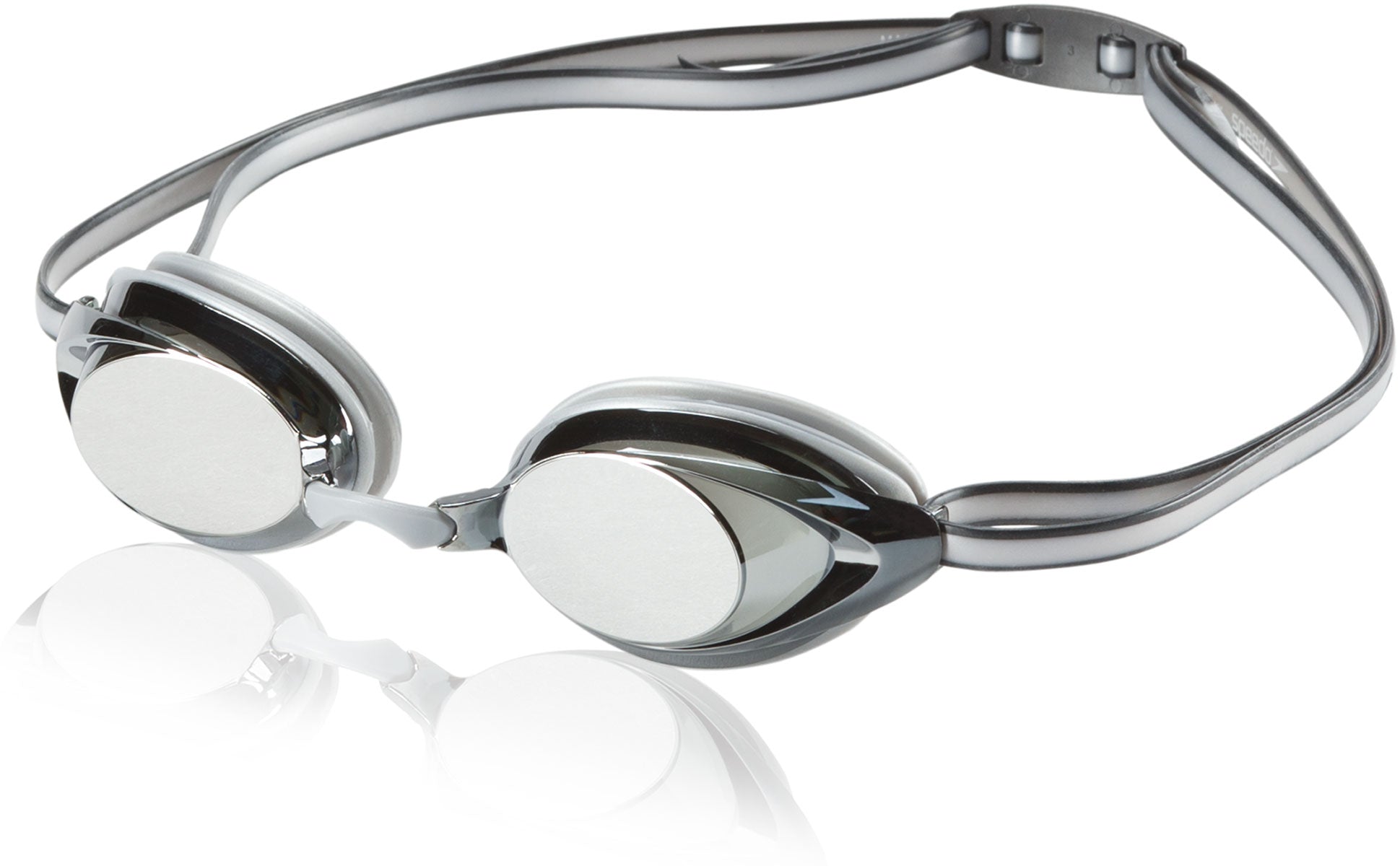 Speedo Jr. Vanquisher 2.0 Mirrored Swim Goggle - A pair of mirrored swim goggles with a sleek, modern design and adjustable straps.