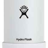 Hydro Flask - A white insulated tumbler with a silver lid, featuring a black logo of a handprint and the word "Flask" in small letters underneath.
