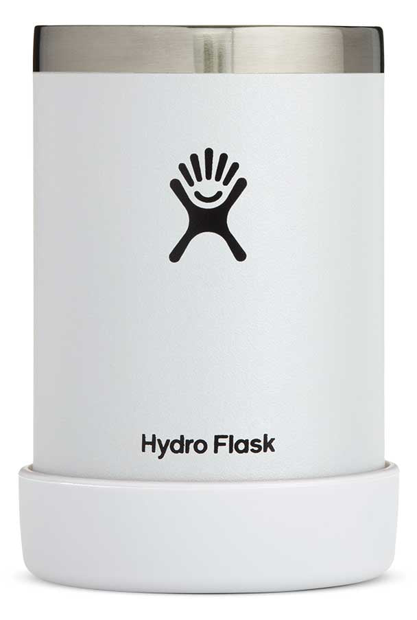 Hydro Flask - A white insulated tumbler with a silver lid, featuring a black logo of a handprint and the word "Flask" in small letters underneath.