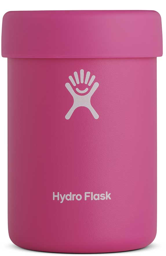 Hydro Flask 12oz Cooler Cup - A pink cooler cup with a white logo of a handprint and a smiley face in the center, featuring a screw-on lid.