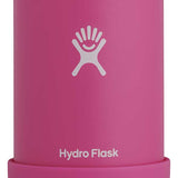 Hydro Flask - A pink cooler cup with a silver lid, featuring a smiley face design on its side.