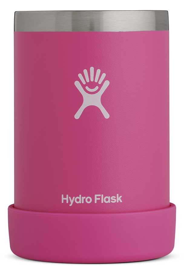Hydro Flask - A pink cooler cup with a silver lid, featuring a smiley face design on its side.