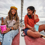 Hydro Flask 12oz Cooler Cup - A blue cooler cup with a white logo on the front, featuring a screw-on lid and a handle on one side.