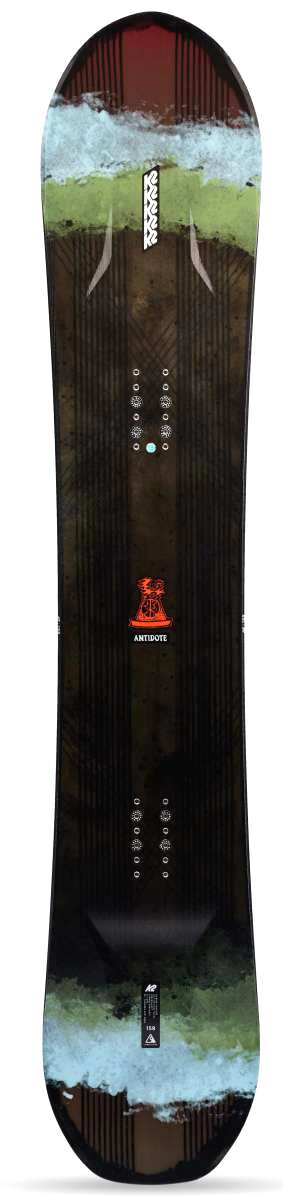 K2 Antidote snowboard, 2023 model, features a striking blue and green graphic design.