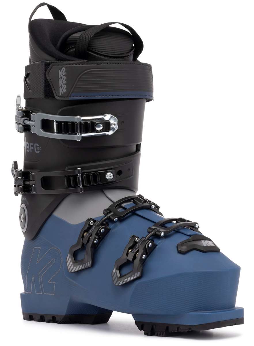 Blue K2 BFC 100 ski boots feature black hardware and a sleek, modern design.