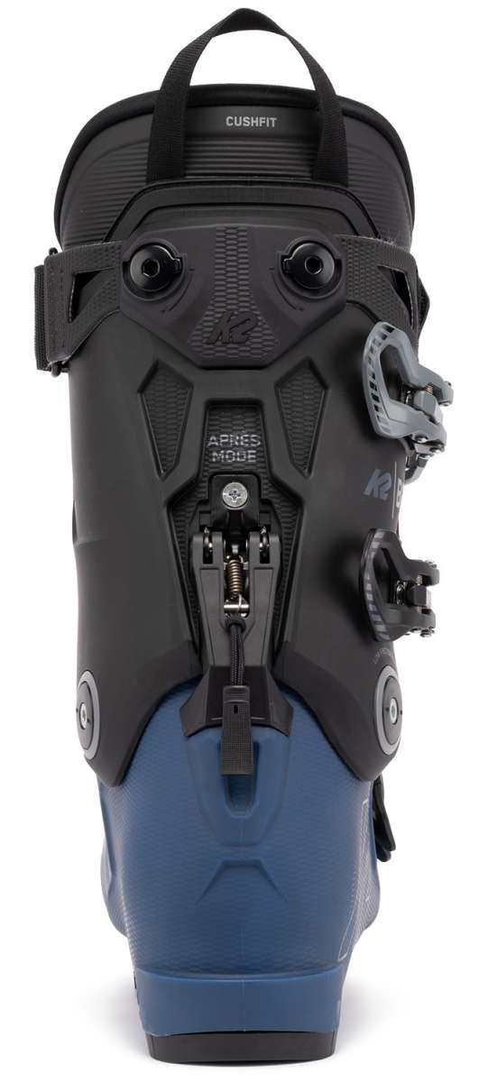 K2 BFC 100 ski boots in blue and black feature a rear cuff adjustment and visible hardware.