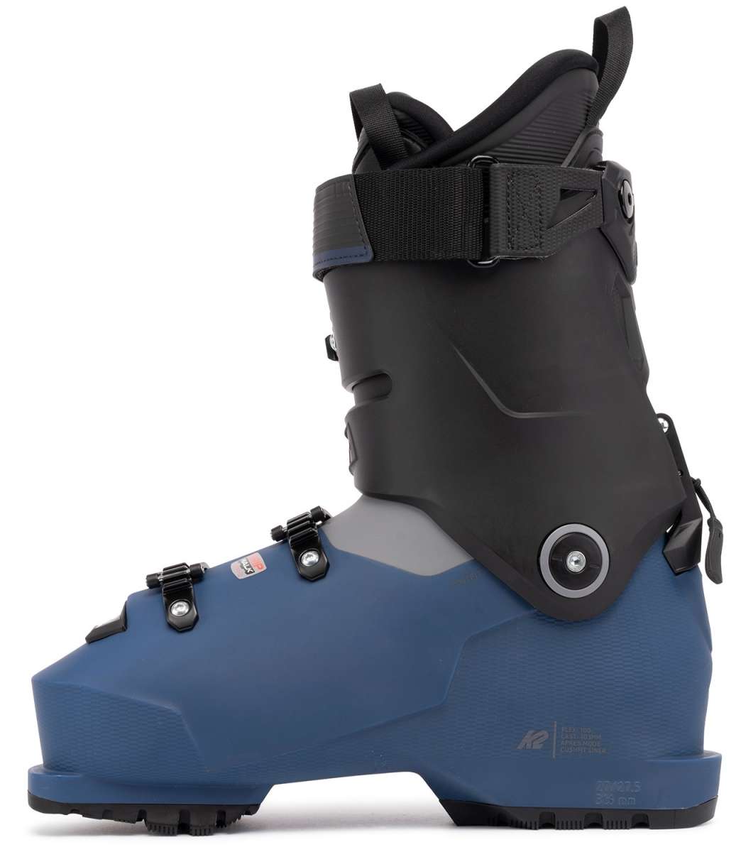 Blue K2 BFC 100 ski boots feature black accents and adjustable straps for a secure fit.