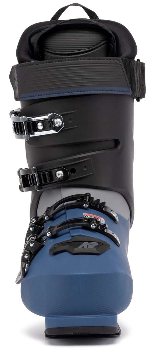 K2 BFC 100 ski boots in blue and black feature adjustable straps and a molded design.